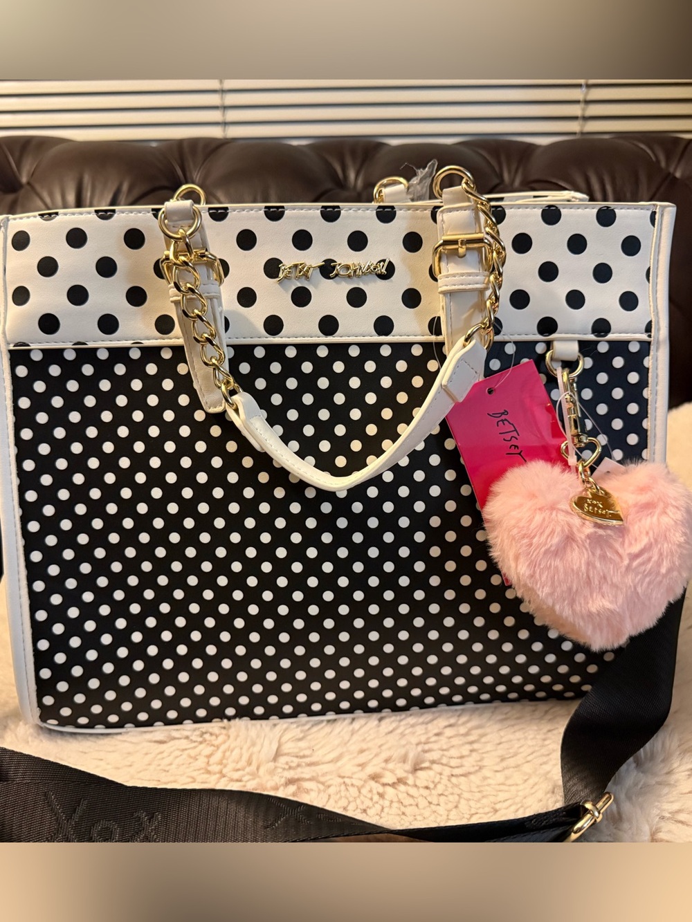 Betsey Johnson NWT Black & White Polka Dot Tote with Pink Pom Charm